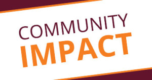 'community impact' in maroon and orange text
