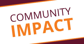 'community impact' in maroon and orange text