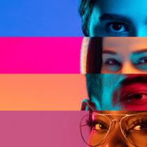 Close ups of sections of diverse faces with bright colored backgrounds